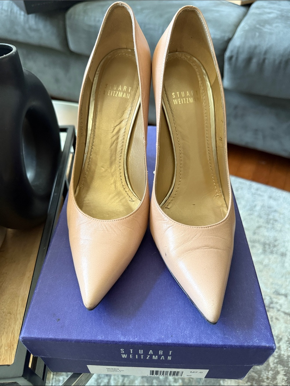 Stuart Weitzman Queen Nude Pointed-Toe Leather Pumps
